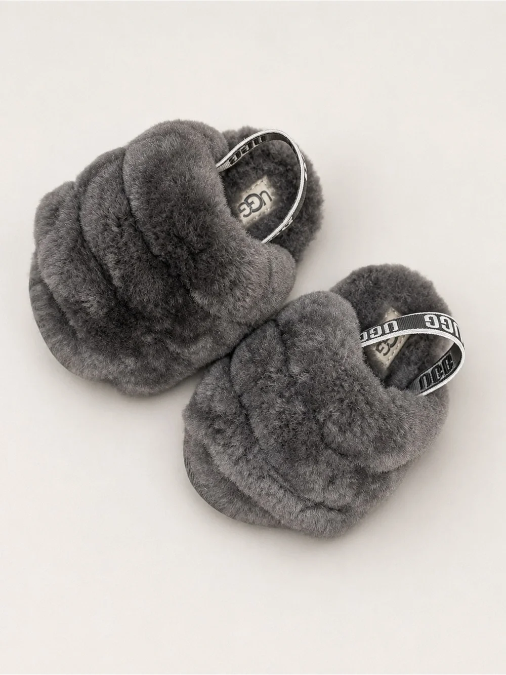UGG 4/5c Kids' Grey Fluff Slide Slippers with Branded Strap. NWOT